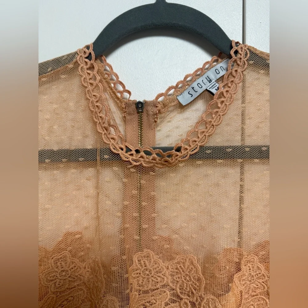 Story On Delicate Lace & Dot Mesh Puff-Sleeve Blouse in Rust SizeM - Picture 6 of 7